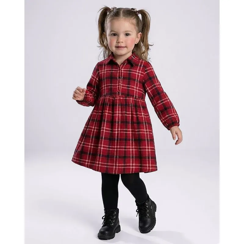 Vestido Bebê Manga Longa Estampa Xadrez Vermelho 1