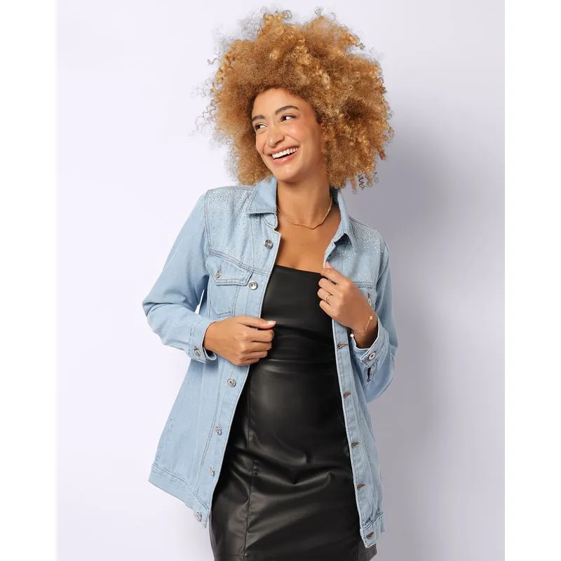 Jaqueta Jeans Feminina Oversized Com Aplicação Strass Azul M