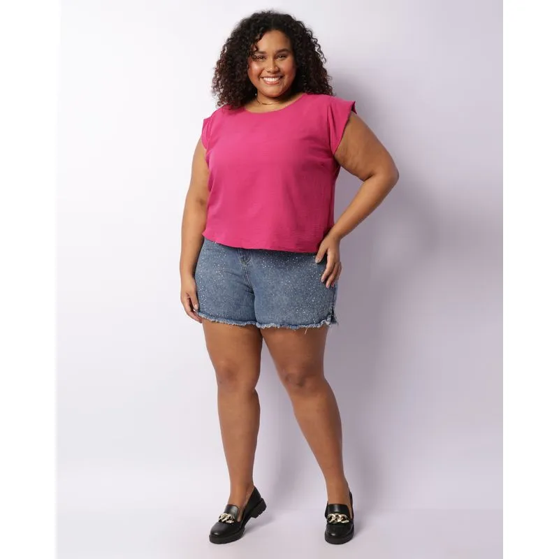 Short Jeans Plus Size Feminina Reta Barra Desfiada Com Aplicação Azul 50