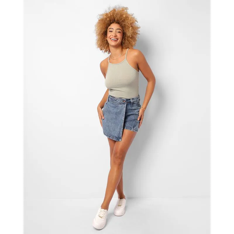 Short Saia Jeans Feminino Curto Marmorizado Azul 40