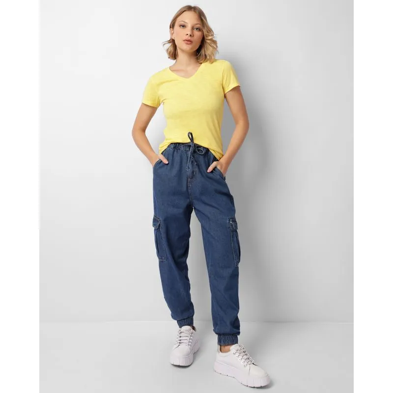 Calça Jeans Feminina Jogger Com Bolso Cargo Azul 38