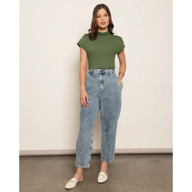 Calça Jeans Feminina Cenoura Marmorizada Azul 46