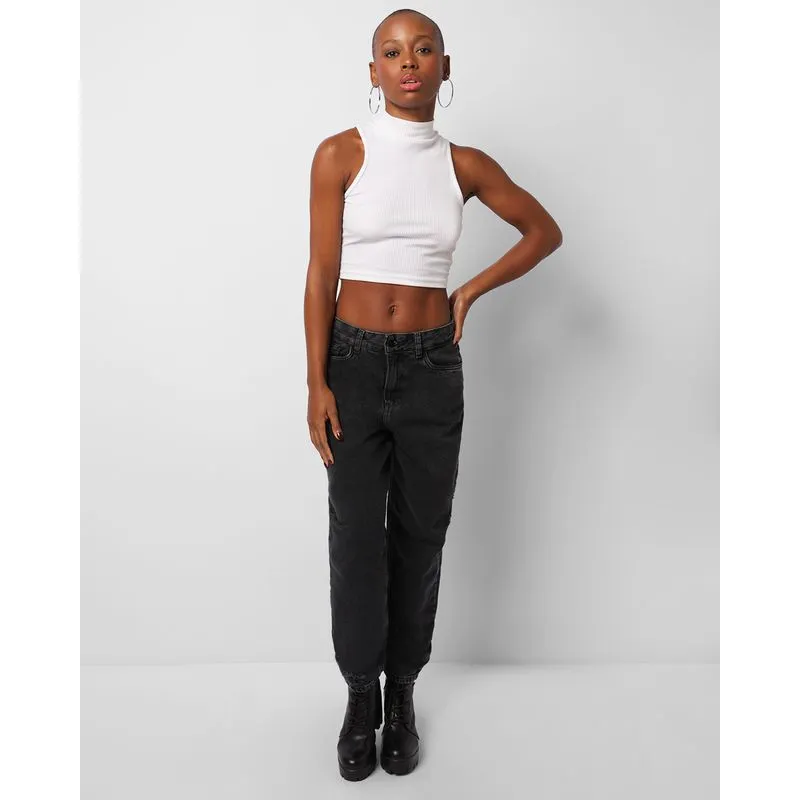 Calça Jeans Feminina Mom Com Puídos Preta 36
