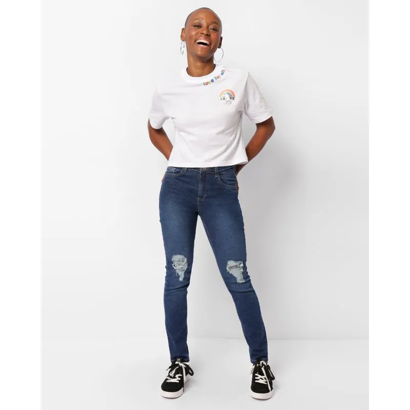 Calça Jeans Feminina Skinny Com Destroyeds Azul 40