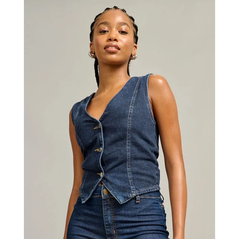 Colete Jeans Feminino Com Botões Azul G