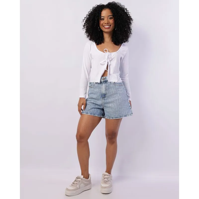 Short Jeans Feminino Aplicação Strass Azul 46
