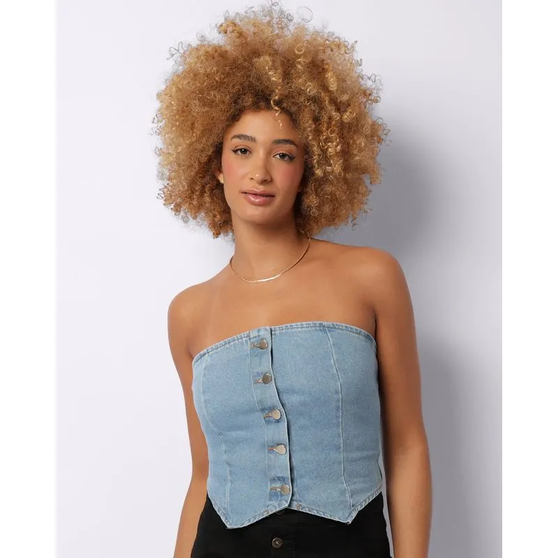 Blusa Jeans Feminina Corset Lastex Com Botões Azul PP