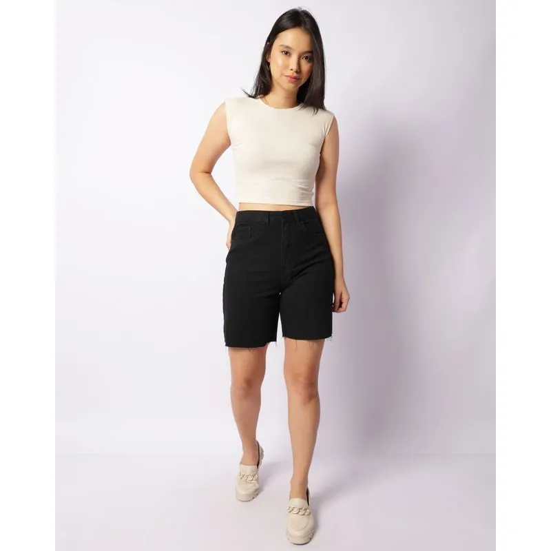 Bermuda Jeans Feminina Reta Barra Desfiada Preta 36