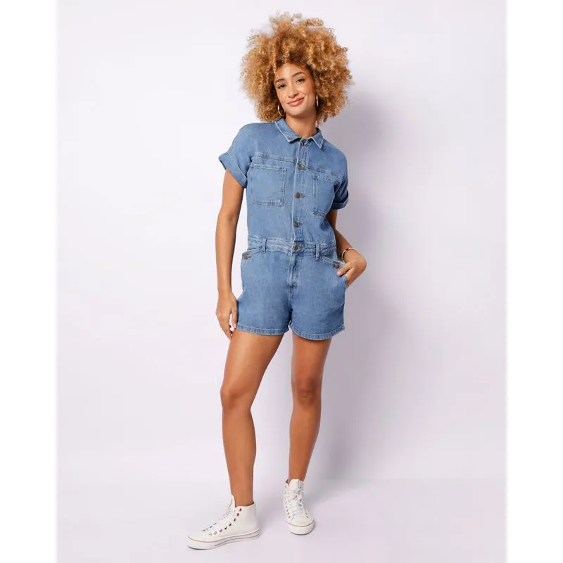 Macaquinho Jeans Feminino Curto Com Botões Azul 38