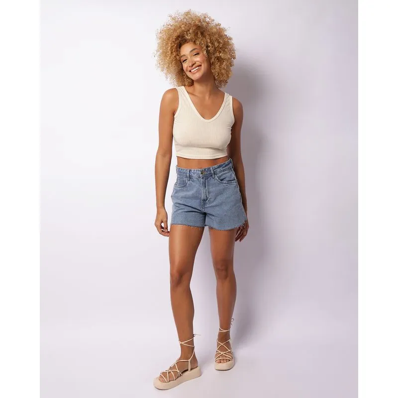 Short Jeans Feminino Curto Barra Desfiada Azul 36