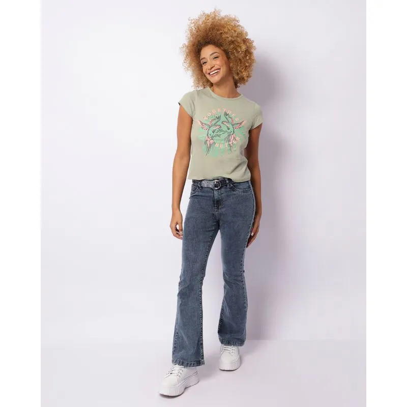 Calça Jeans Feminina Flare Com Cinto Aplique Brilho Azul 42