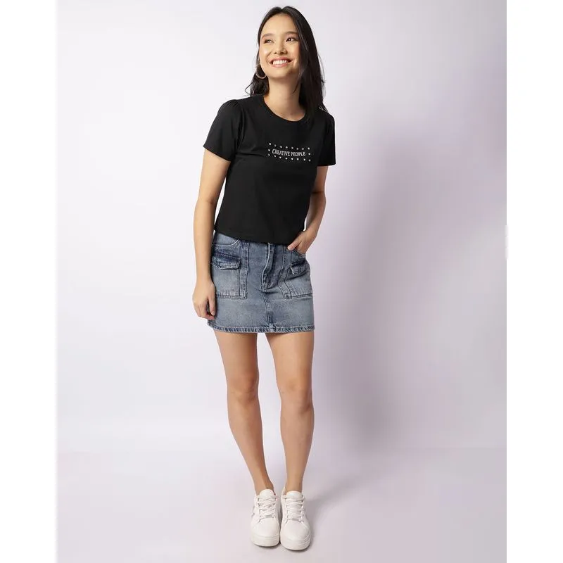 Saia Jeans Feminina Curta Bolso Cargo Azul 36