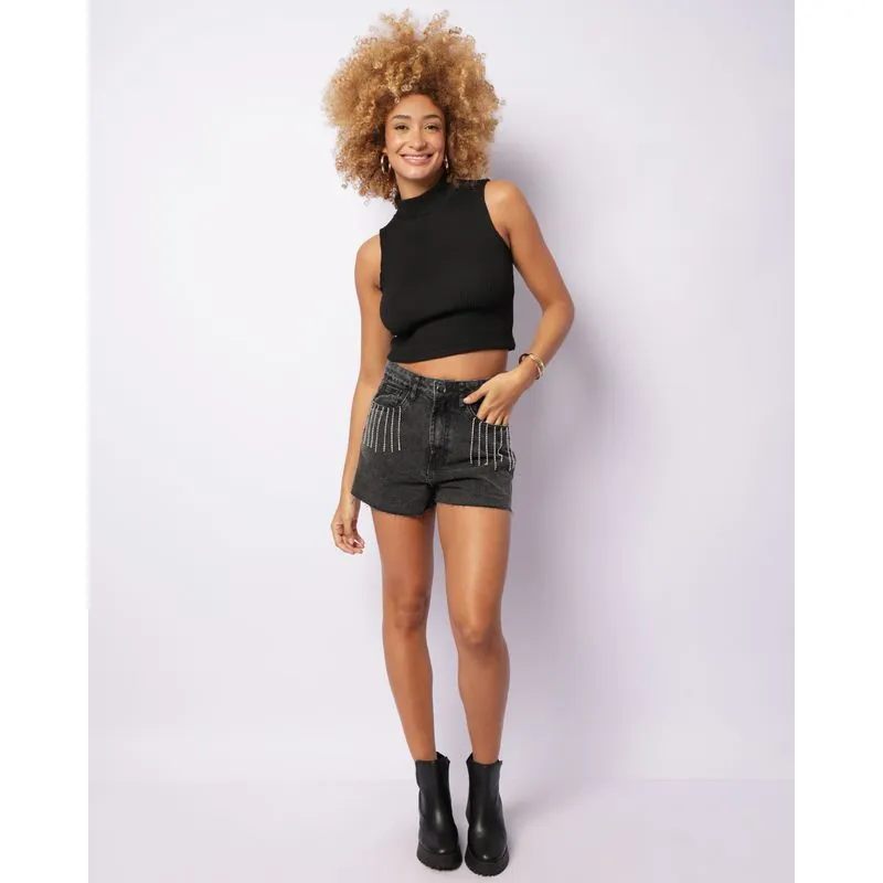 Short Jeans Feminino Curto Aplicação Franja Com Strass Preto 44