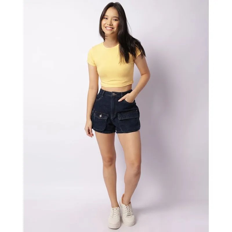 Short Jeans Feminino Curto Cargo Azul 42
