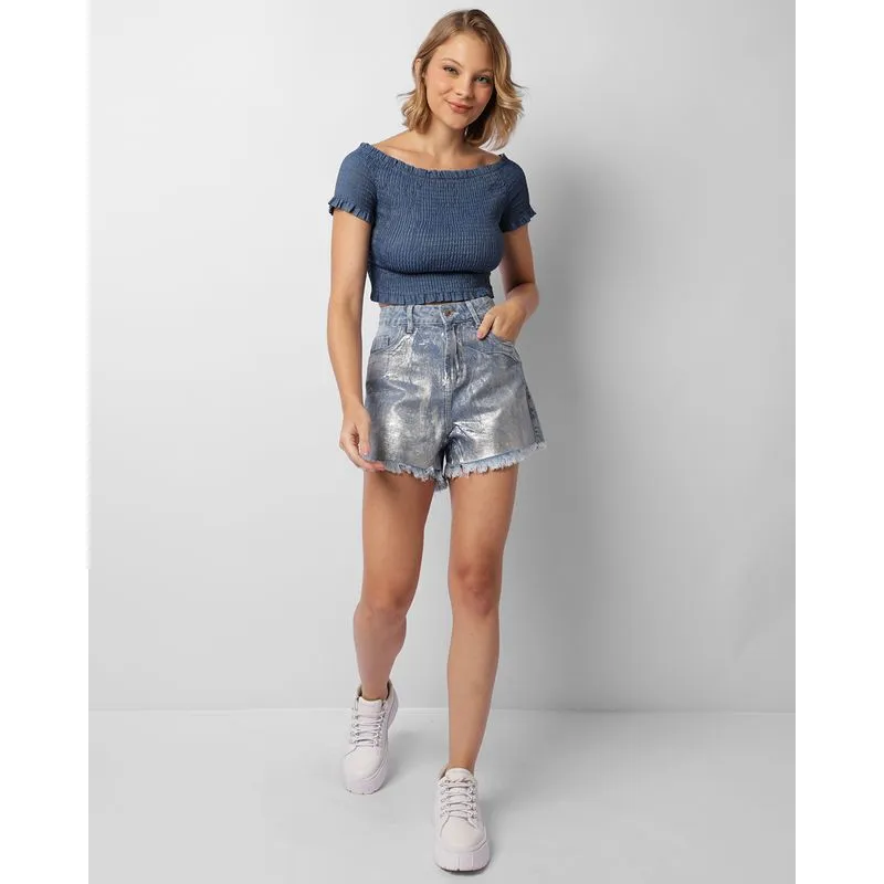 Short Jeans Feminino Curto Barra Desfiada Aplicação Foil Azul 38