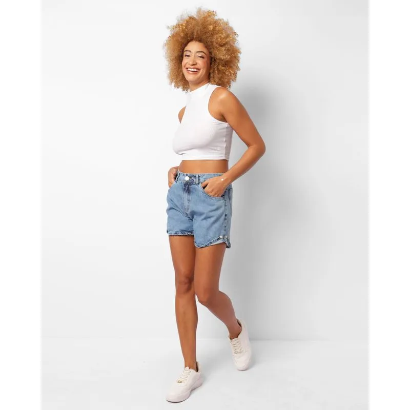 Shorts Jeans Feminino Detalhe Na Barra Azul 46