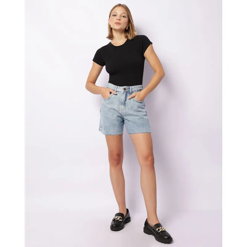 Short Jeans Feminino Curto Barra Desfiada Azul 46