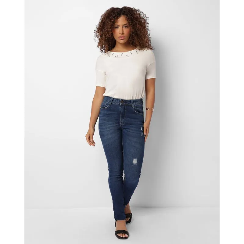 Calça Jeans Feminina Skinny Destroyeds Azul 48