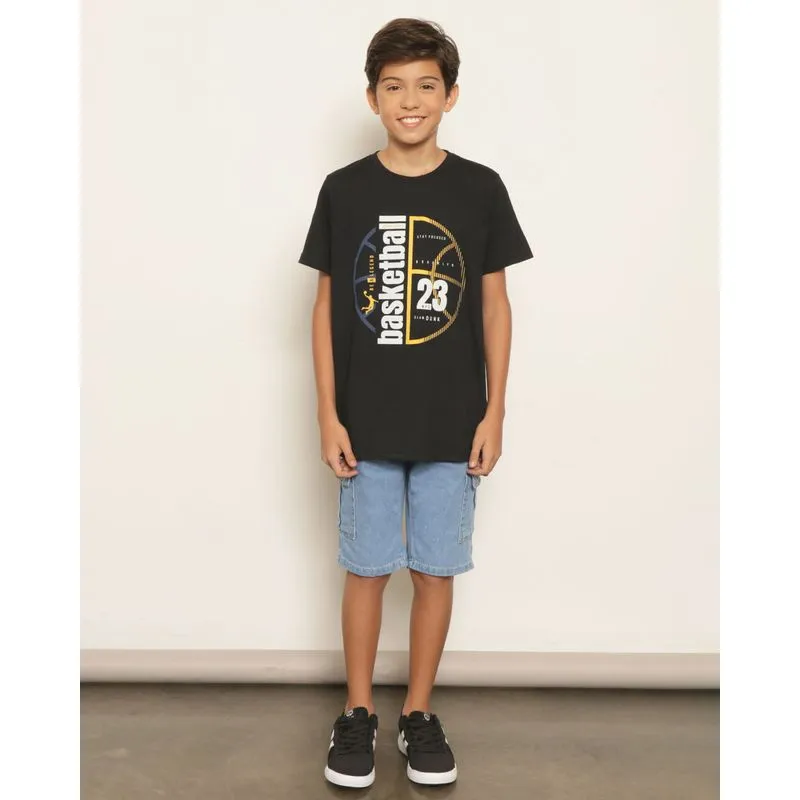 Bermuda Jeans Juvenil Reta Bolso Cargo Azul 12