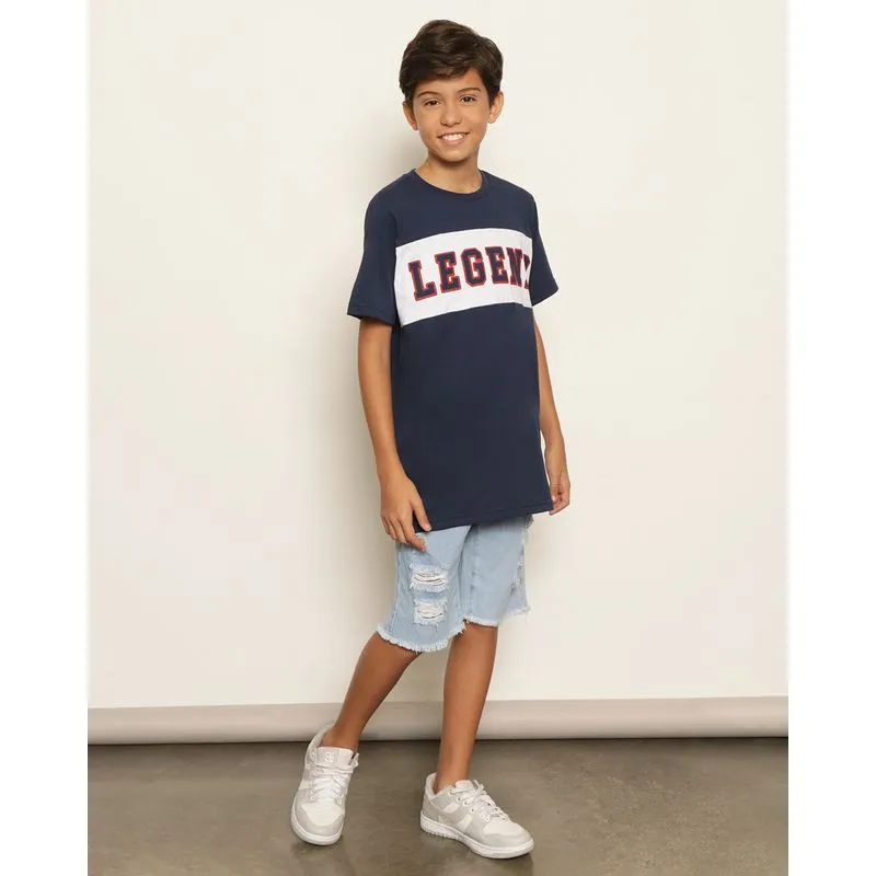 Bermuda Jeans Juvenil Reta Destroyed Barra Desfiada Com Cordão Azul 14