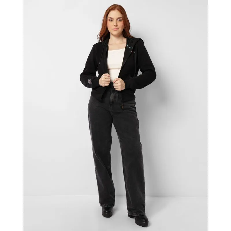 Calça Jeans Feminina Wide Leg Com Bolsos Preta 34