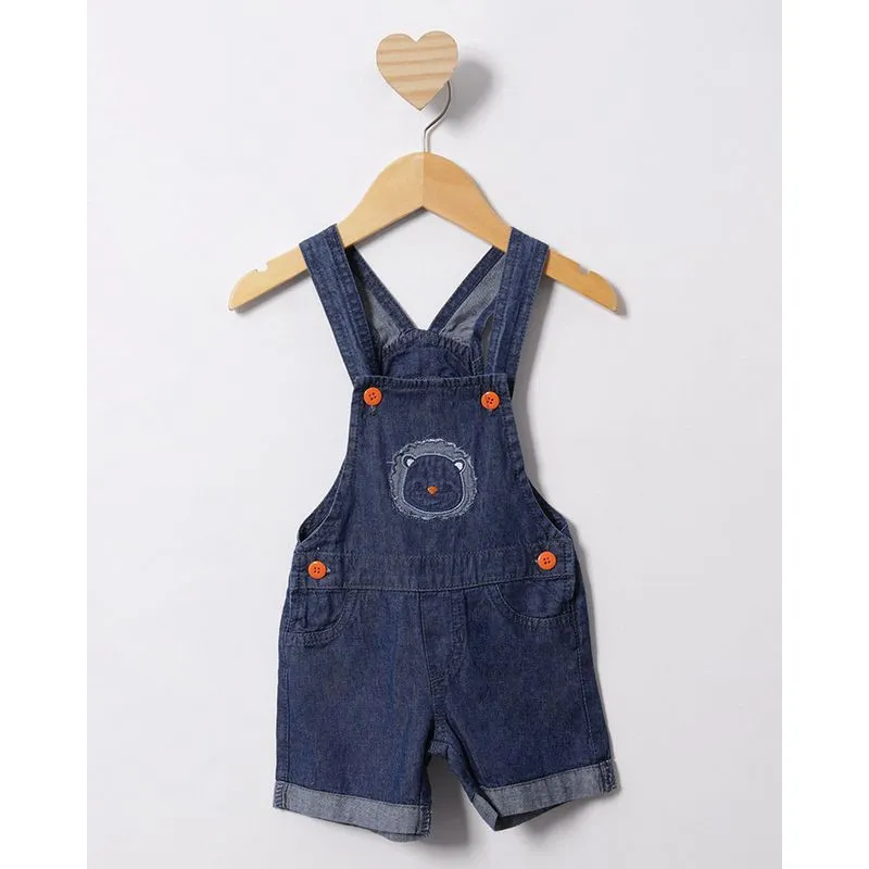 Jardineira Jeans Bebê Curta Com Botões Bordado Leãozinho Azul G