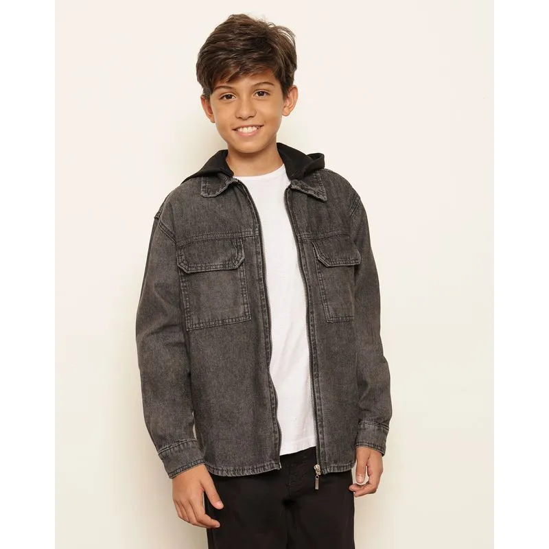 Jaqueta Jeans Juvenil Com Capuz Removível Preta 14