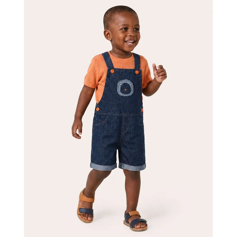 Jardineira Jeans Bebê Curta Com Botões Bordado Leãozinho Azul 2
