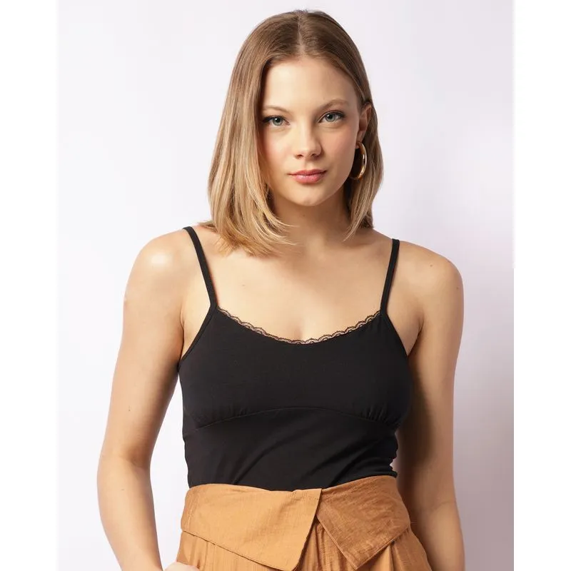 Blusa Feminina Cropped Alcinhas Detalhe em Renda Preta G