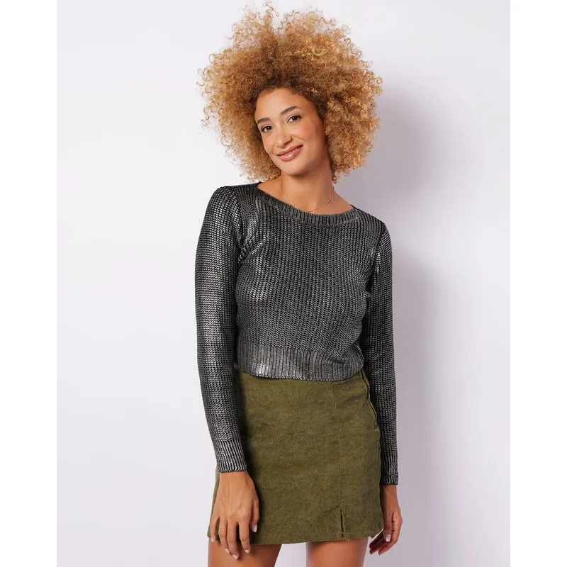Blusa Feminina Cropped Tricô Metalizada Preta M