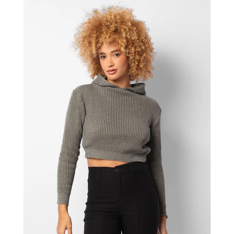 Blusa Feminina Tricô Cropped Com Lurex Cinza G