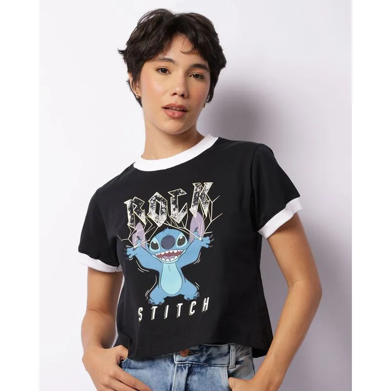 Camiseta Feminina Cropped Disney Stitch Manga Curta Preta GG