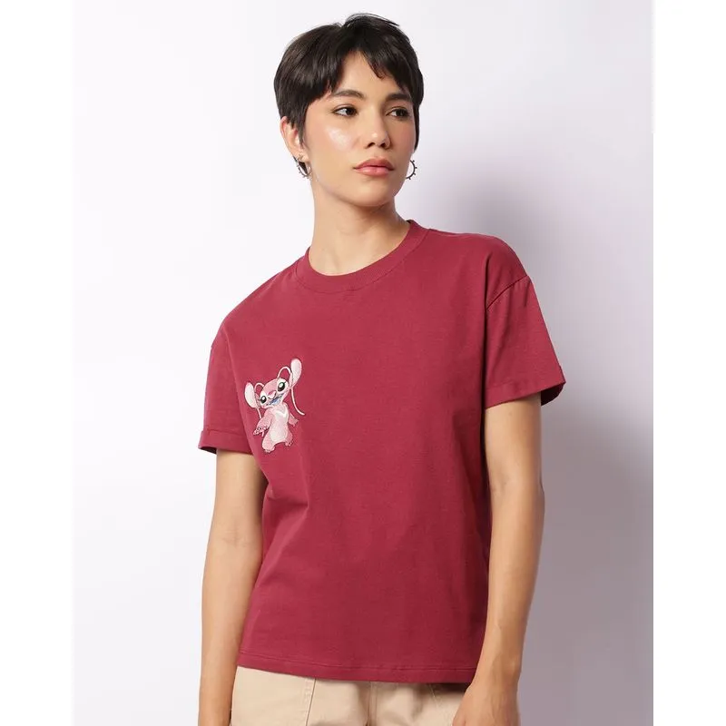 Camiseta Feminina Disney Bordado Stitch Manga Curta Vinho G