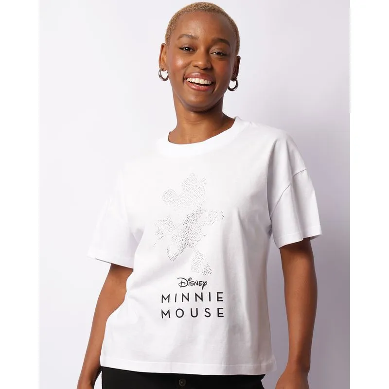 Camiseta Feminina Disney Minnie Manga Curta Strass Branca P