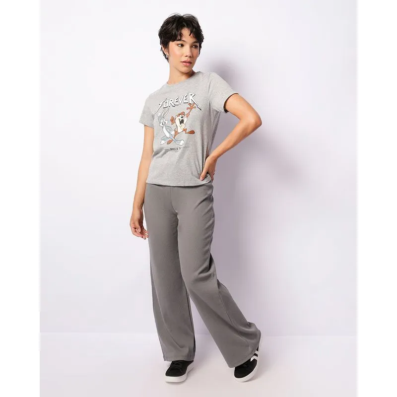 Calça Feminina Wide Leg Canelada Com Cordão Cinza P