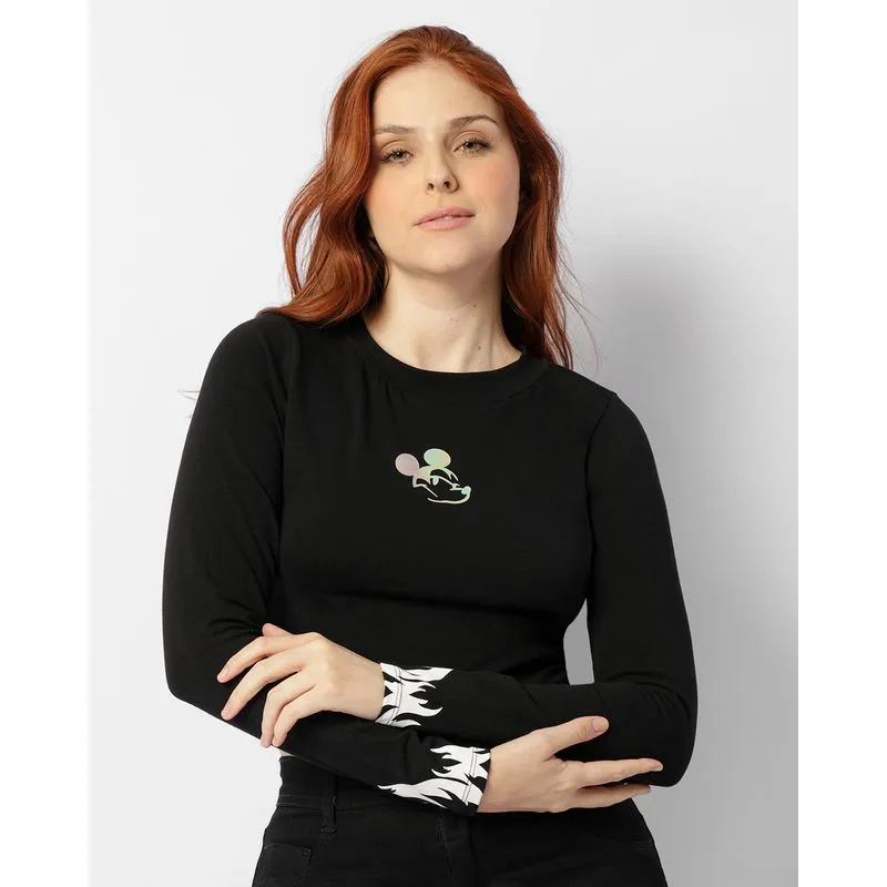 Camiseta Feminina Cropped Disney Mickey Em Foil Manga Longa Preta G