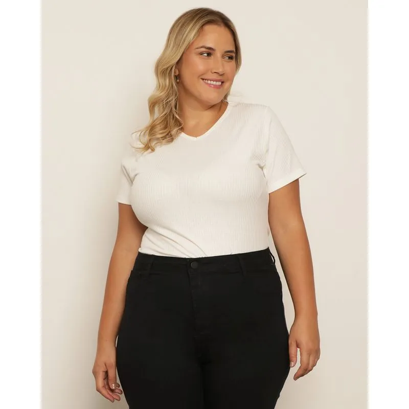 Blusa Plus Size Feminina Manga Curta Canelada Off White G2
