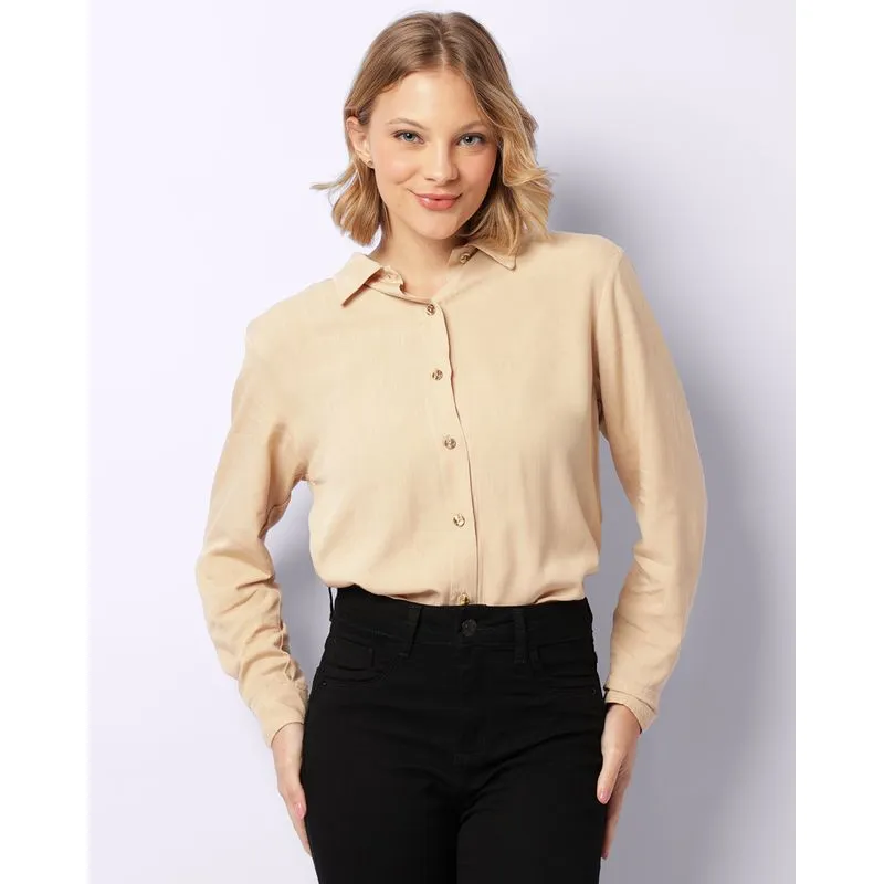 Camisa Feminina Gola Dobrável Manga Longa Bege M