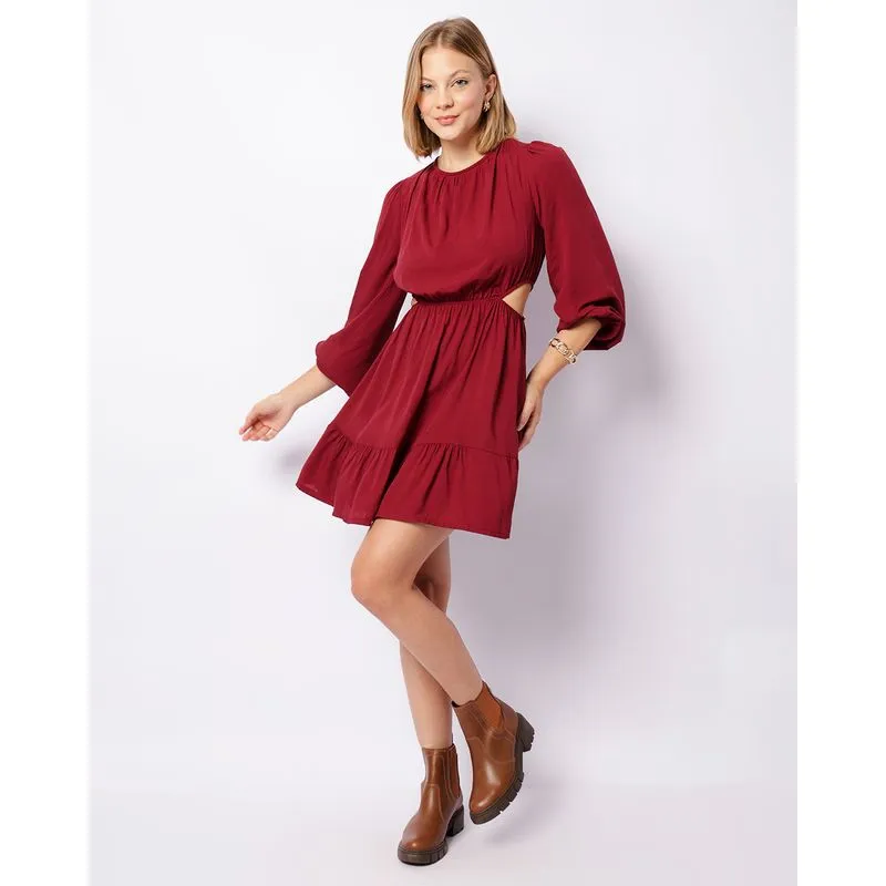 Vestido Feminino Curto Viscose Manga 7/8 Bufante Vinho M