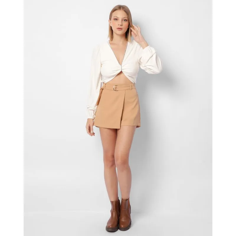 Short Saia Feminina Curto Com Cinto Bege PP