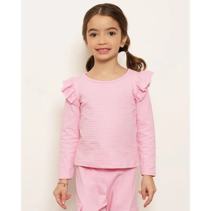 Blusa Infantil Manga Longa Texturizada Com Babado Rosa 4