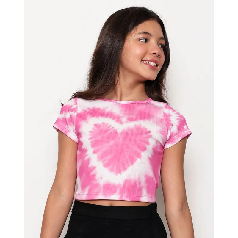 Blusa Cropped Juvenil Canelada Tie dye Estampada Manga Curta Rosa 10