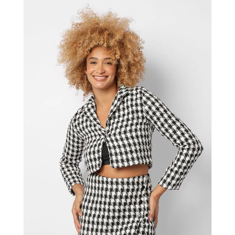 Casaco Feminino Cropped Tweed Xadrez Preto GG