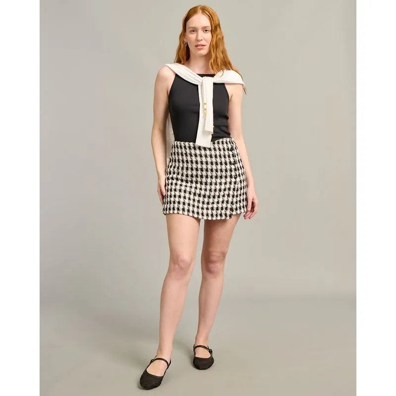 Short Saia Feminino Curto Tweed Xadrez Preto GG