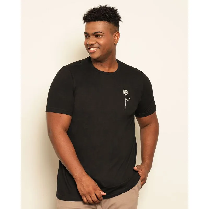 Camiseta Plus Size Masculina Estampa Rosa Manga Curta Preta G1