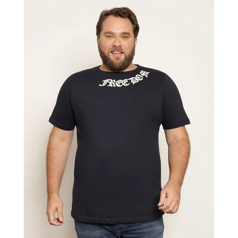 Camiseta Plus Size Masculina Estampa Com Escrita Manga Curta Marinho G3