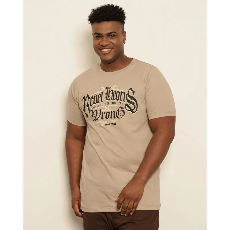 Camiseta Plus Size Masculina Estampa Frontal Manga Curta Bege G3