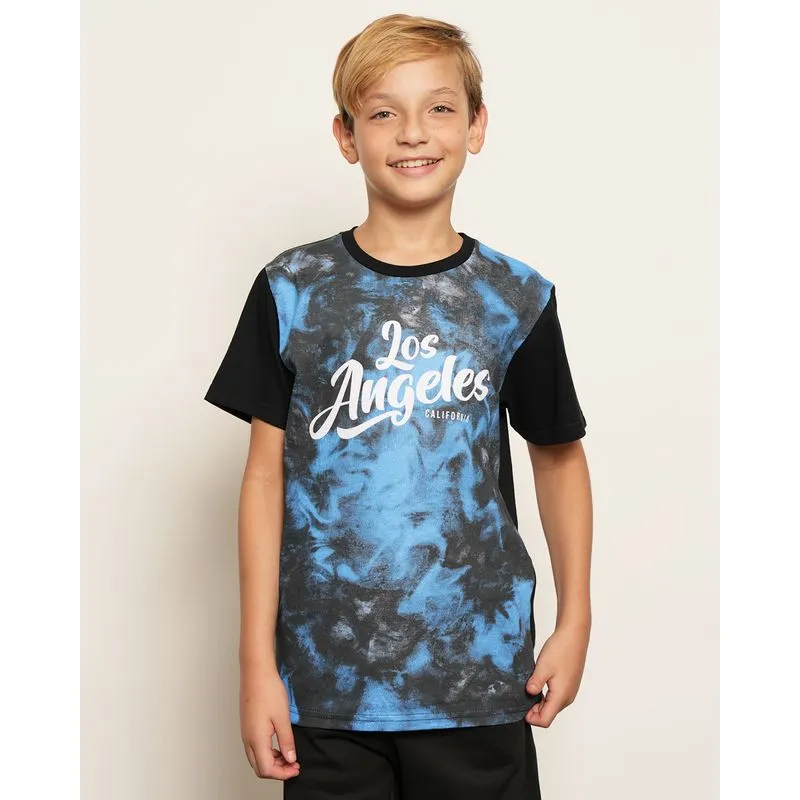 Camiseta Juvenil Estampa Tye Dye Los Angeles Manga Curta Azul 10