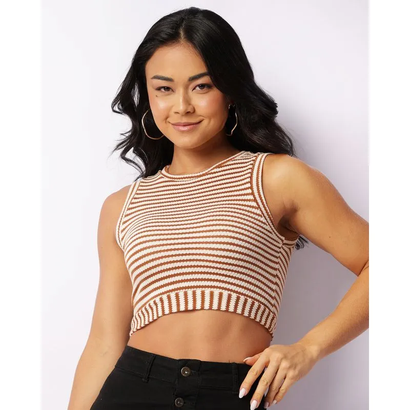 Regata Feminina Cropped Tricô Marrom M