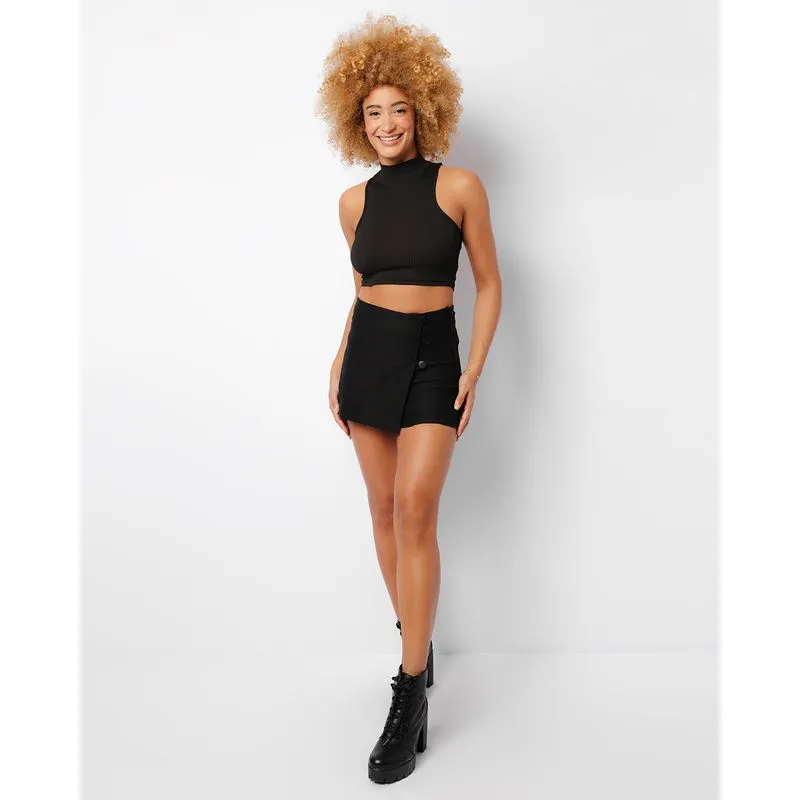 Short Saia Feminino Bengaline Com Botões Preto M